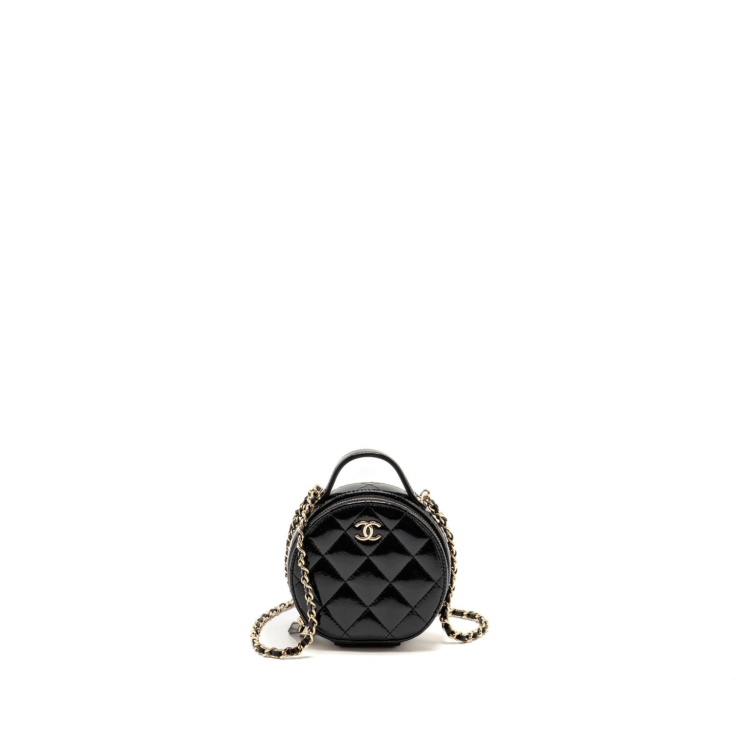 Chanel 22B Top Handle Mini Round Vanity Case With Chain Shiny Lambskin Black L (Microchip)