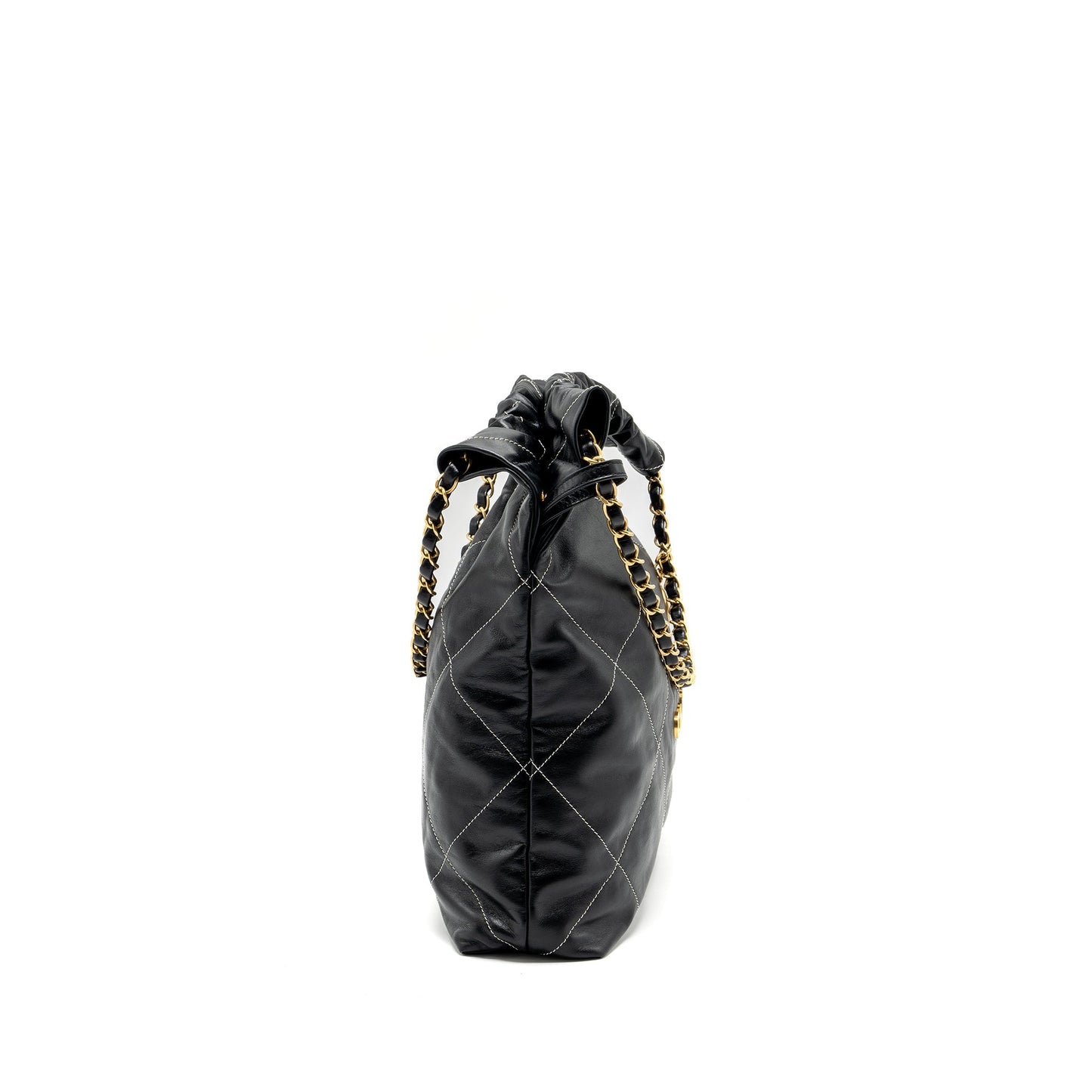 Chanel Medium 22 Bag Shiny Calfskin Black With White Stitching Gold Letter  (Microchip)
