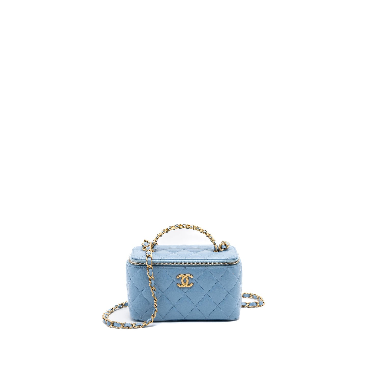 Chanel detailed top handle long vanity with chain caviar light blue