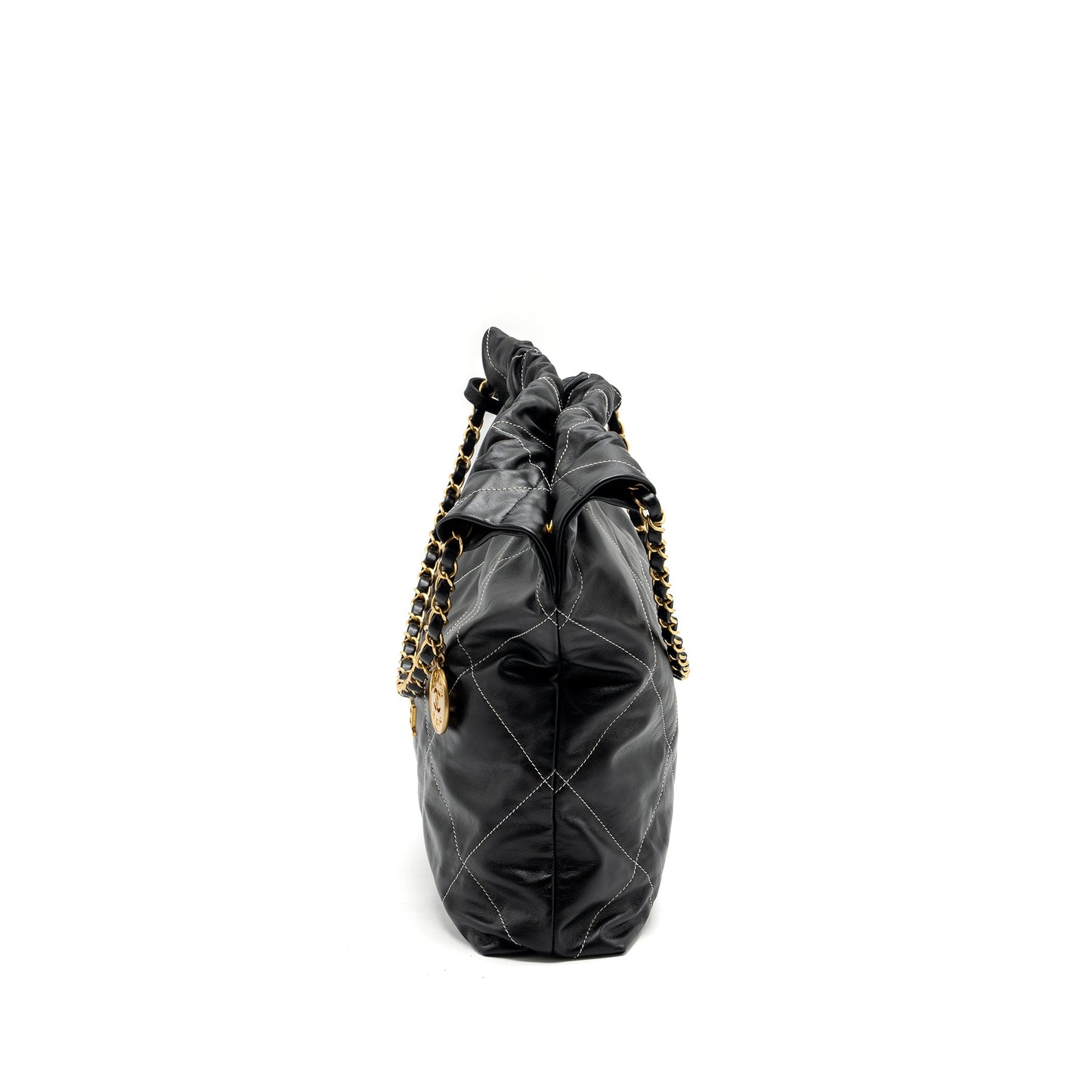 Chanel Medium 22 Bag Shiny Calfskin Black With White Stitching Gold Letter  (Microchip)