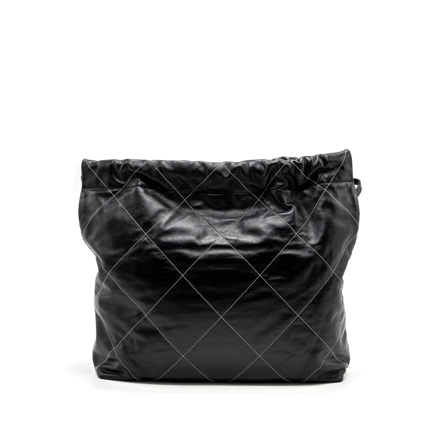 Chanel Medium 22 Bag Shiny Calfskin Black With White Stitching Gold Letter  (Microchip)