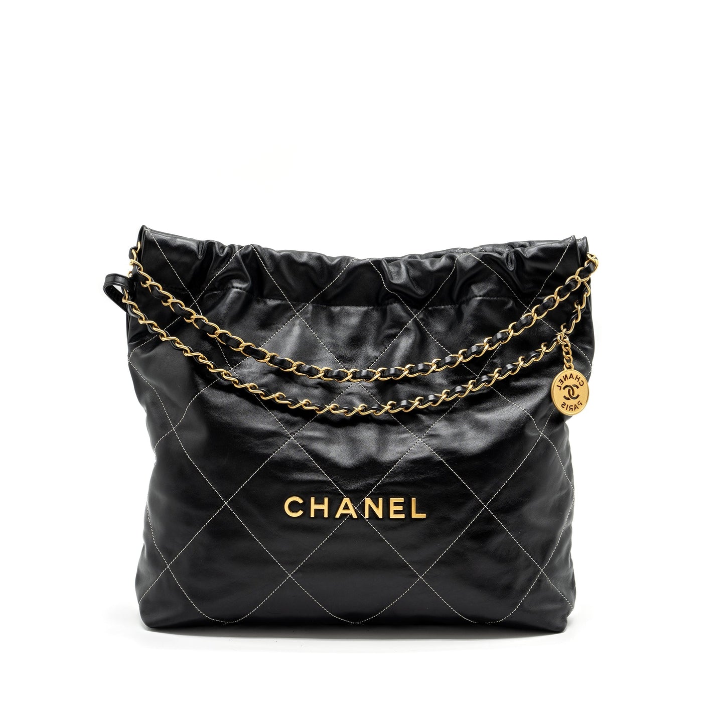 Chanel Medium 22 Bag Shiny Calfskin Black With White Stitching Gold Letter  (Microchip)