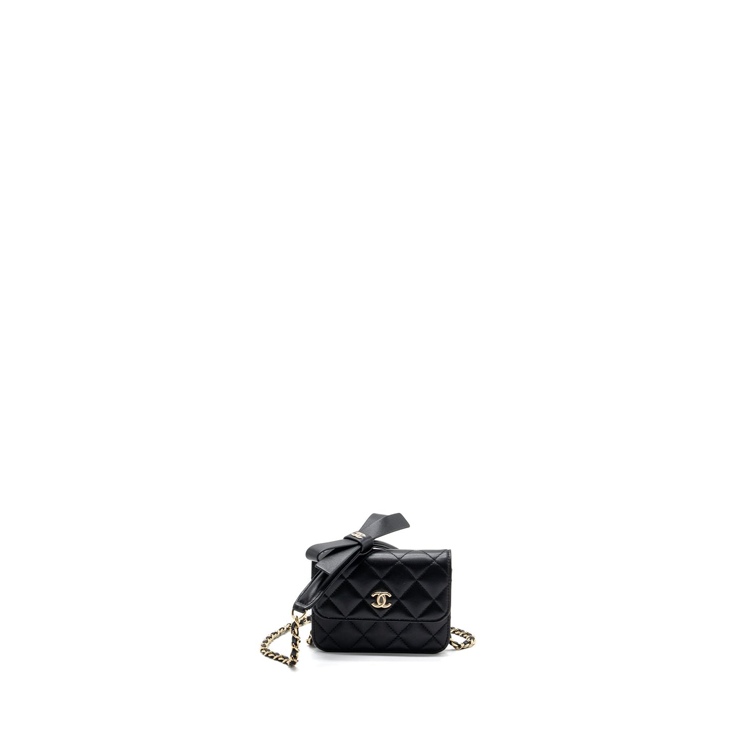 Chanel mini flap card holder with ribbon chain lambskin black L