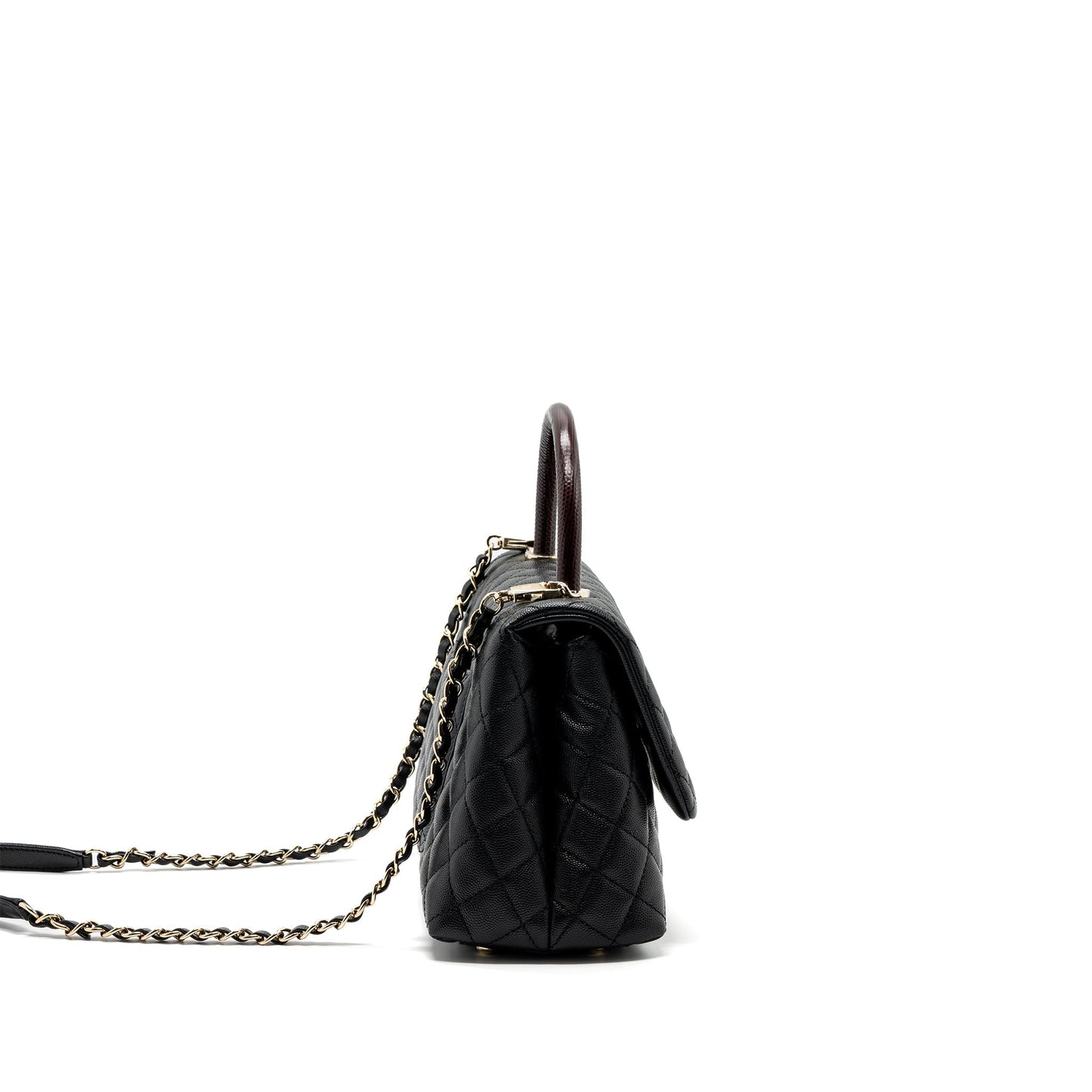 Chanel Medium Coco Handle Flap Bag Lizard Embossed Handle Caviar Black L