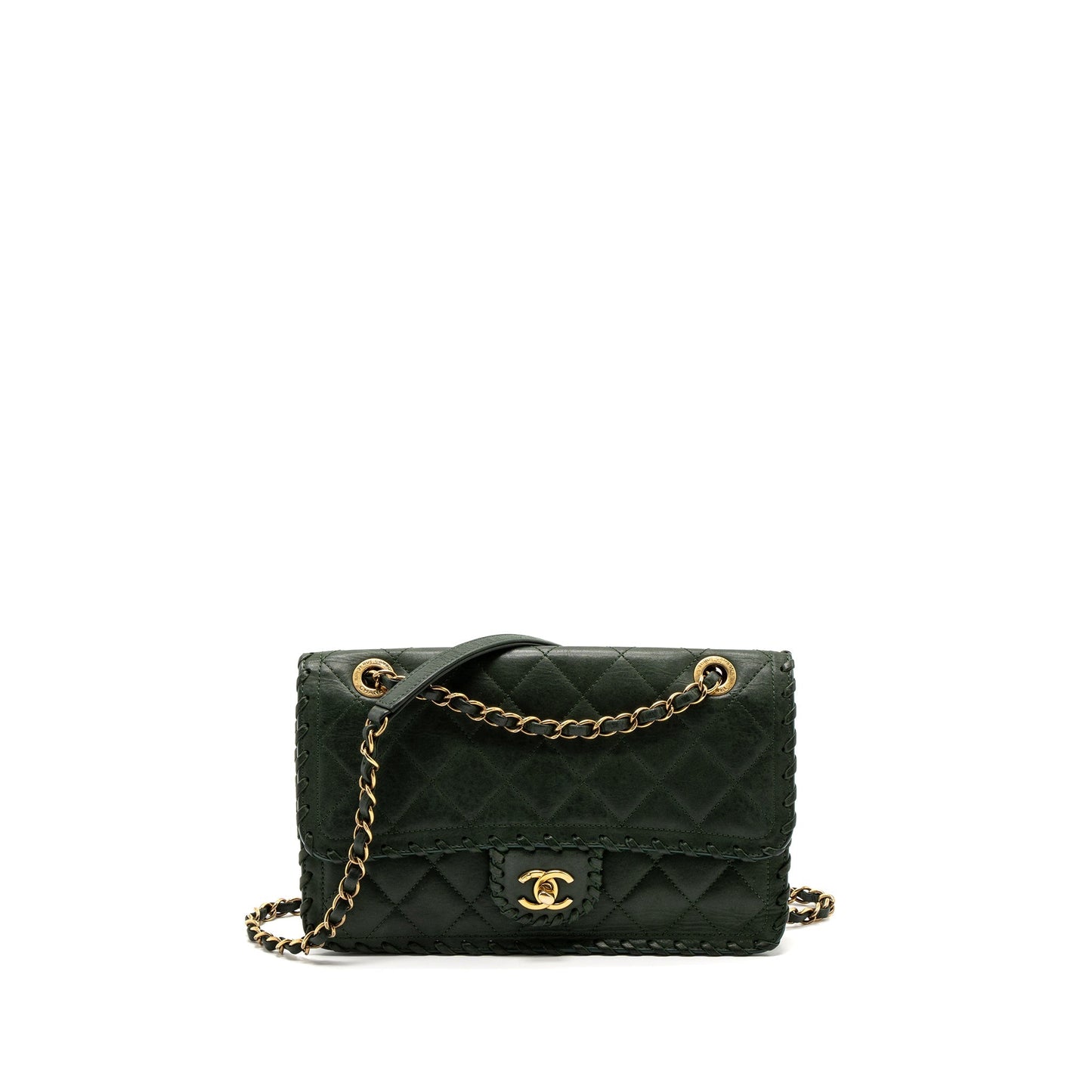 Chanel quilted flap bag calfskin green ruthenium