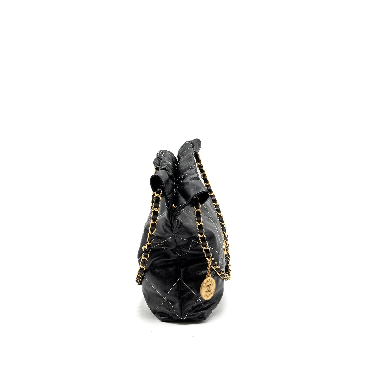 Chanel small 22 bag calfskin with white Stitching black  (microchip)