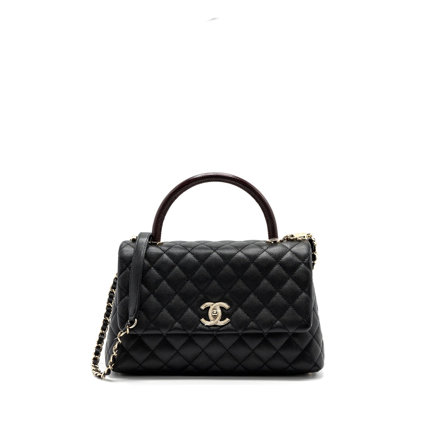 Chanel Medium Coco Handle Flap Bag Lizard Embossed Handle Caviar Black L
