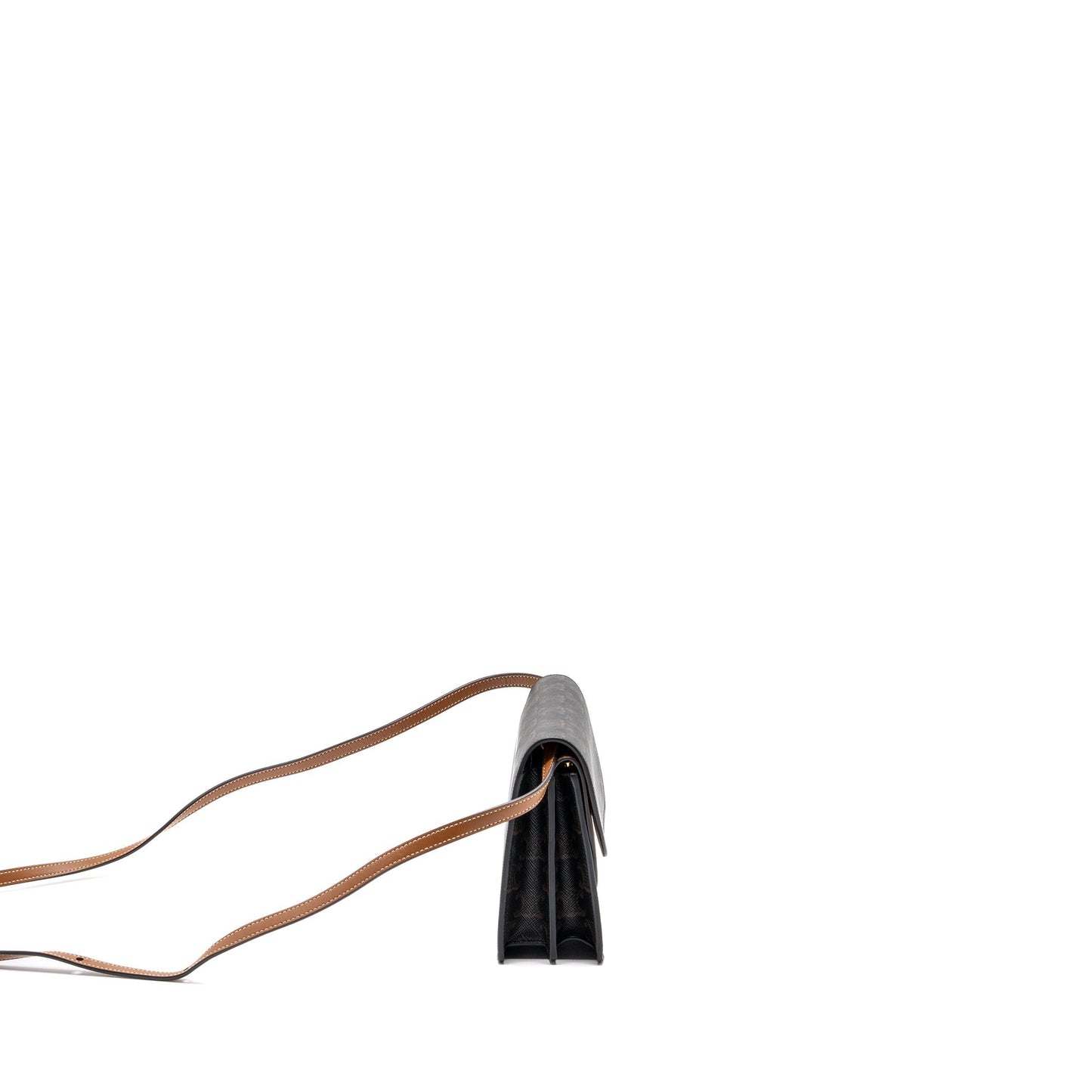 Luxury CELINE wallet on strap triomphe canvas / smooth lambskin tan with
