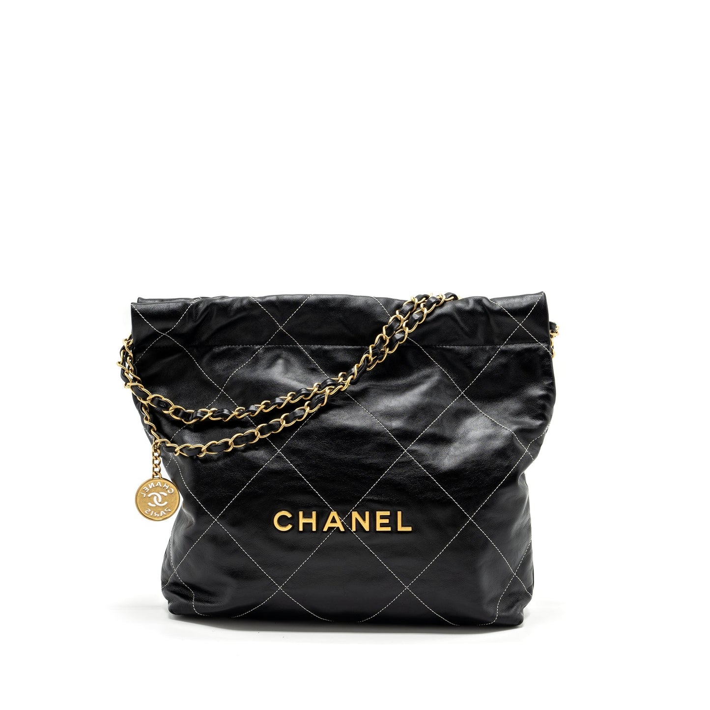 Chanel small 22 bag calfskin with white Stitching black  (microchip)