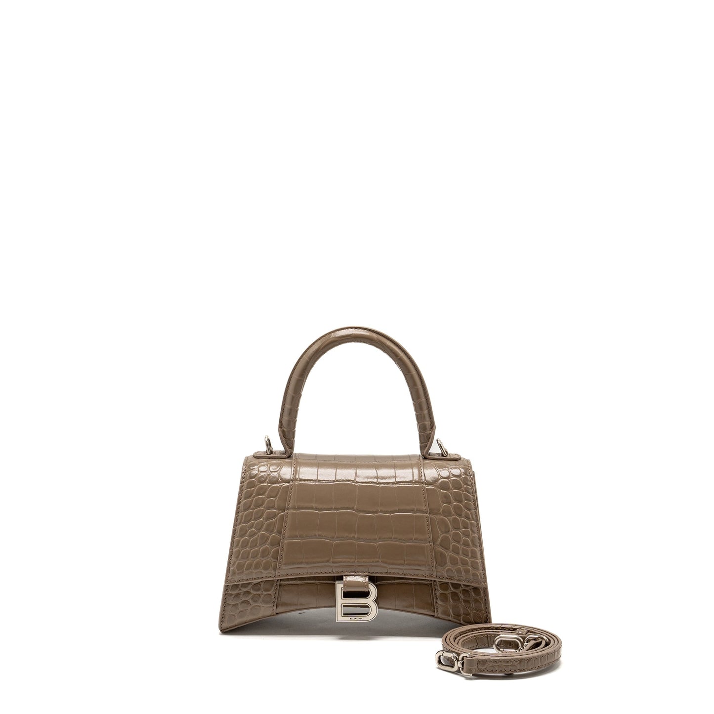 Balenciaga Small Hourglass Purse Crocodile-Embossed Calfskin Dark Beige