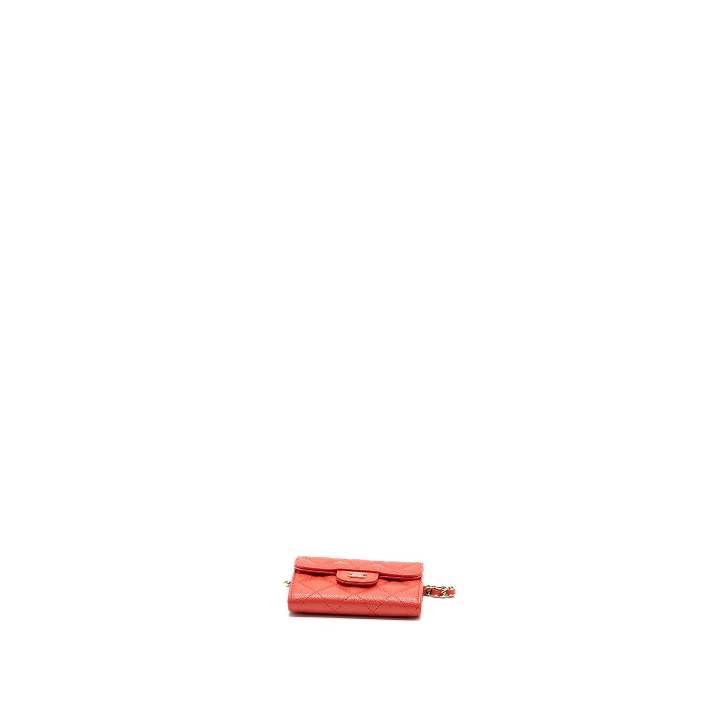 Chanel flap card holder with chain on one side caviar coral pink L