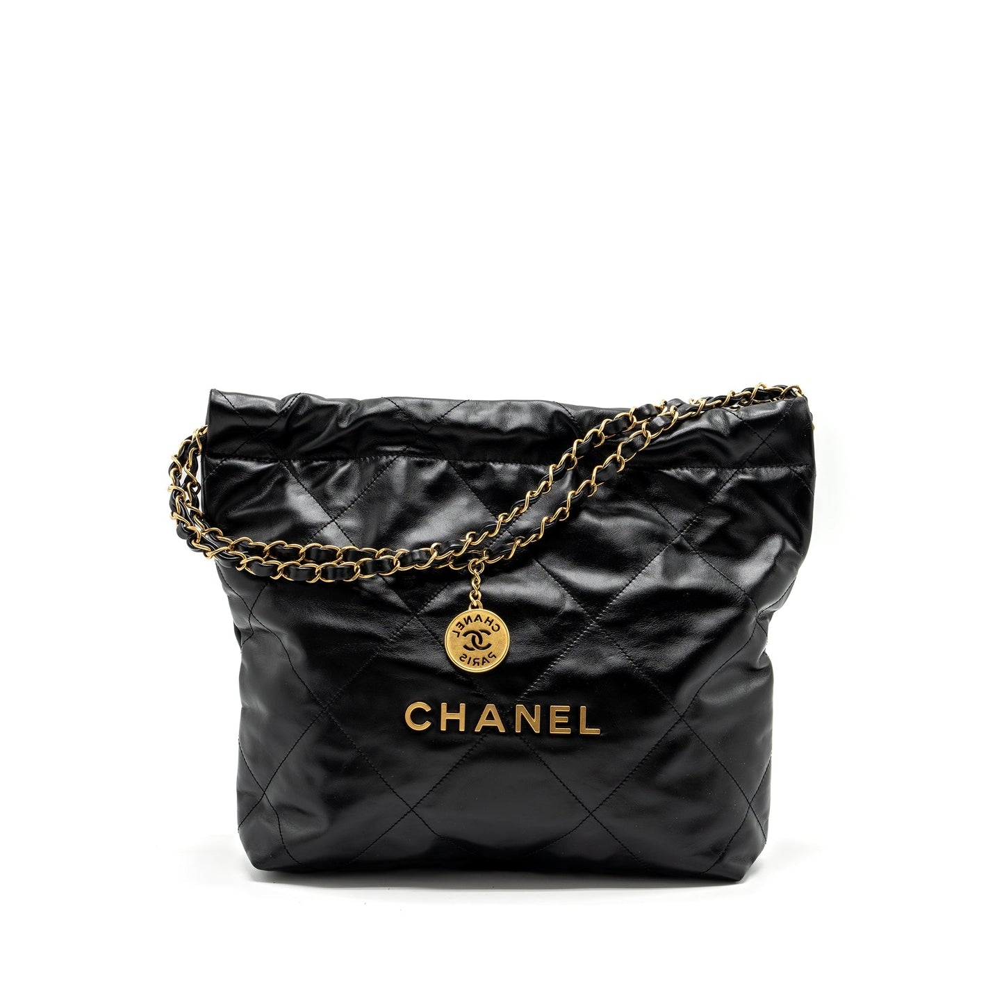 Chanel Small 22 Bag Gold Letter Shiny Calfskin Black  (Microchip)