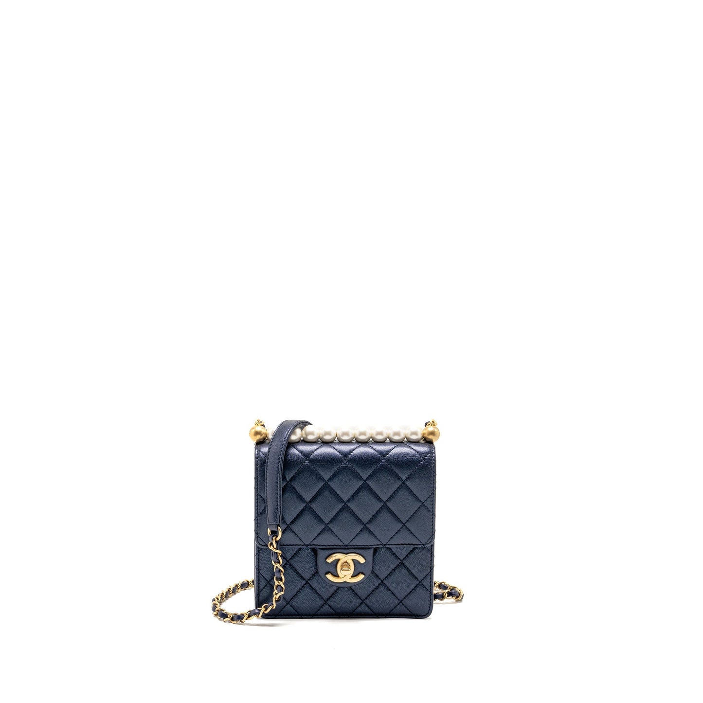 Chanel pearl decorated quilted flap bag lambskin navy