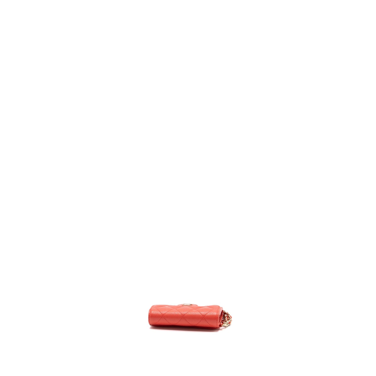 Chanel flap card holder with chain on one side caviar coral pink L