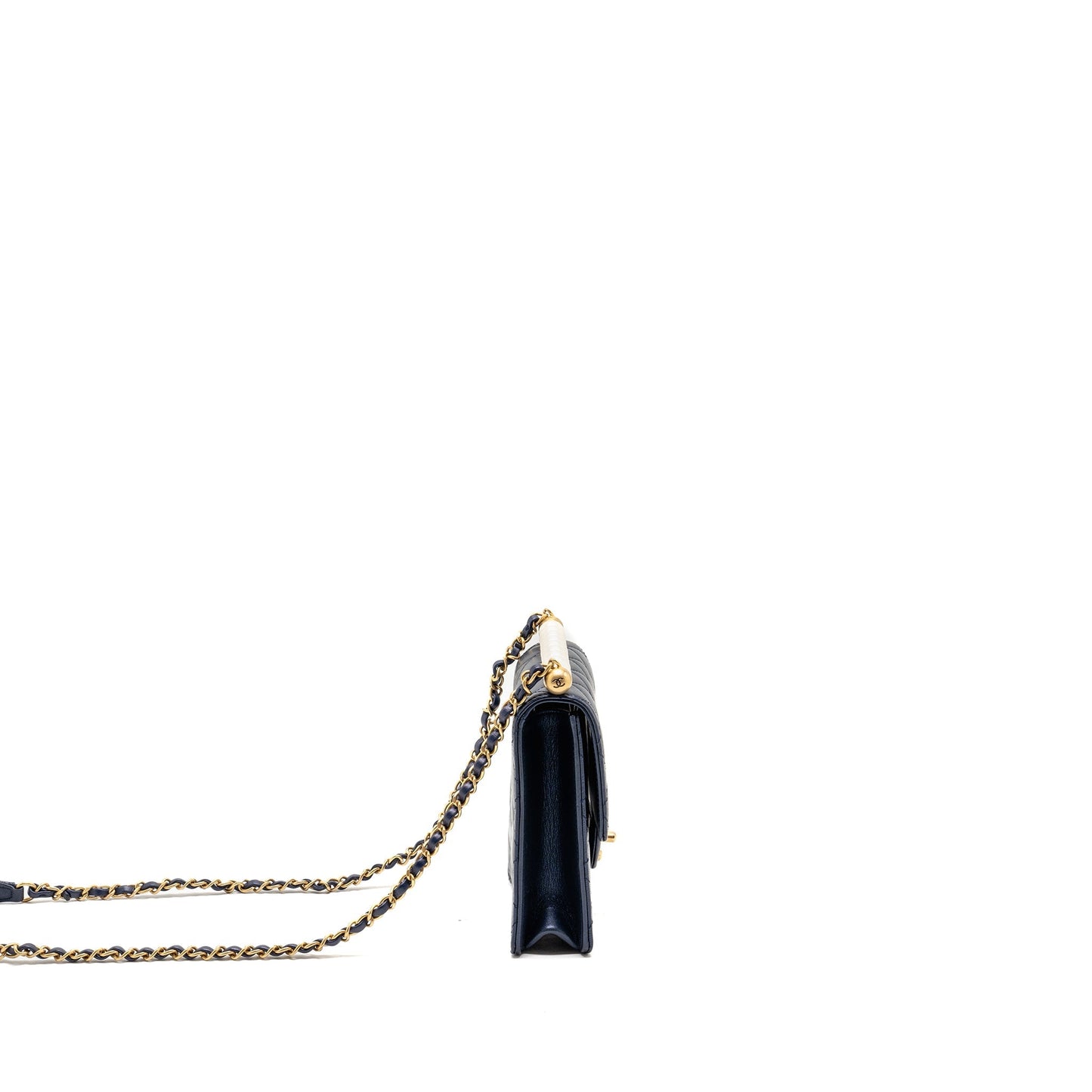 Chanel pearl decorated quilted flap bag lambskin navy
