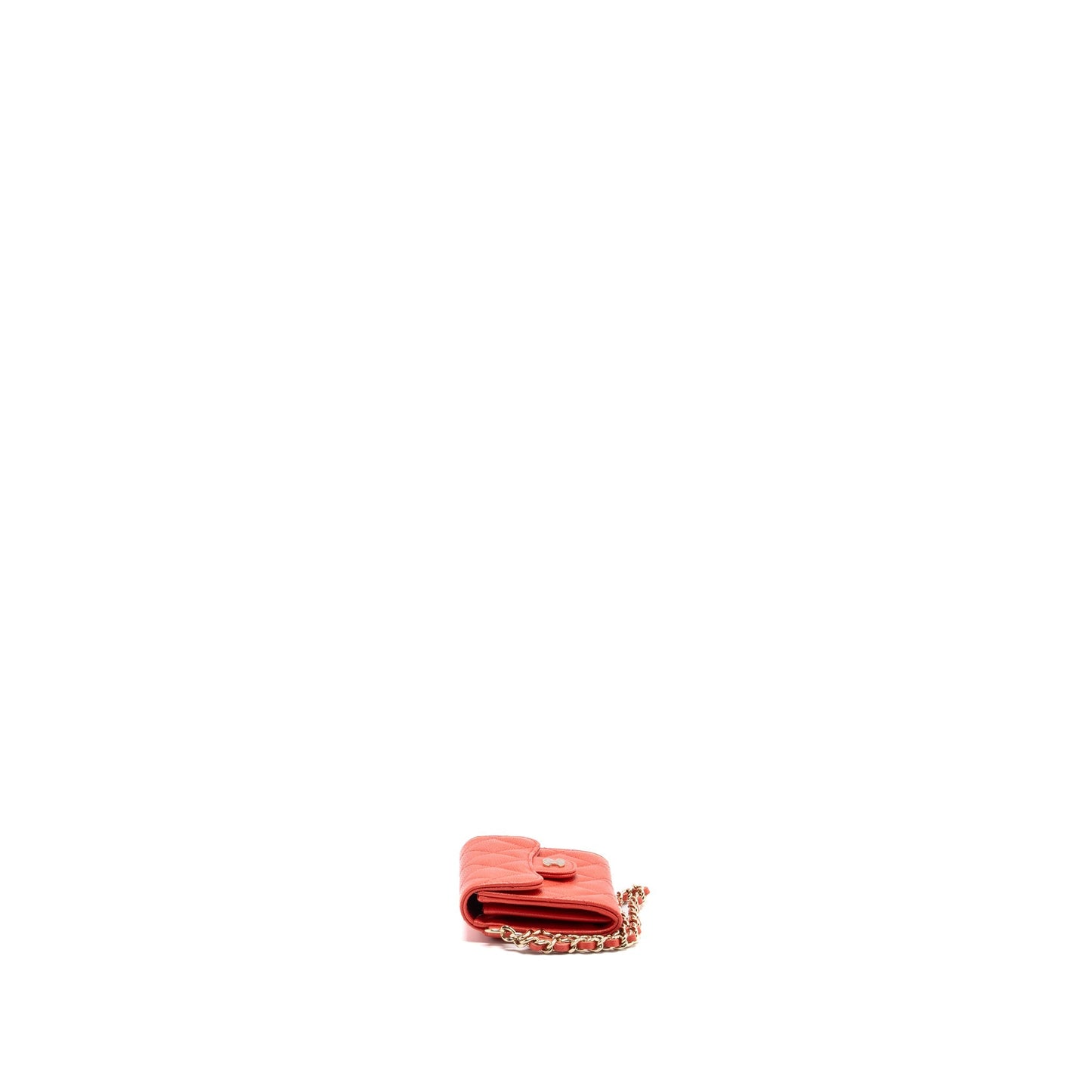 Chanel flap card holder with chain on one side caviar coral pink L