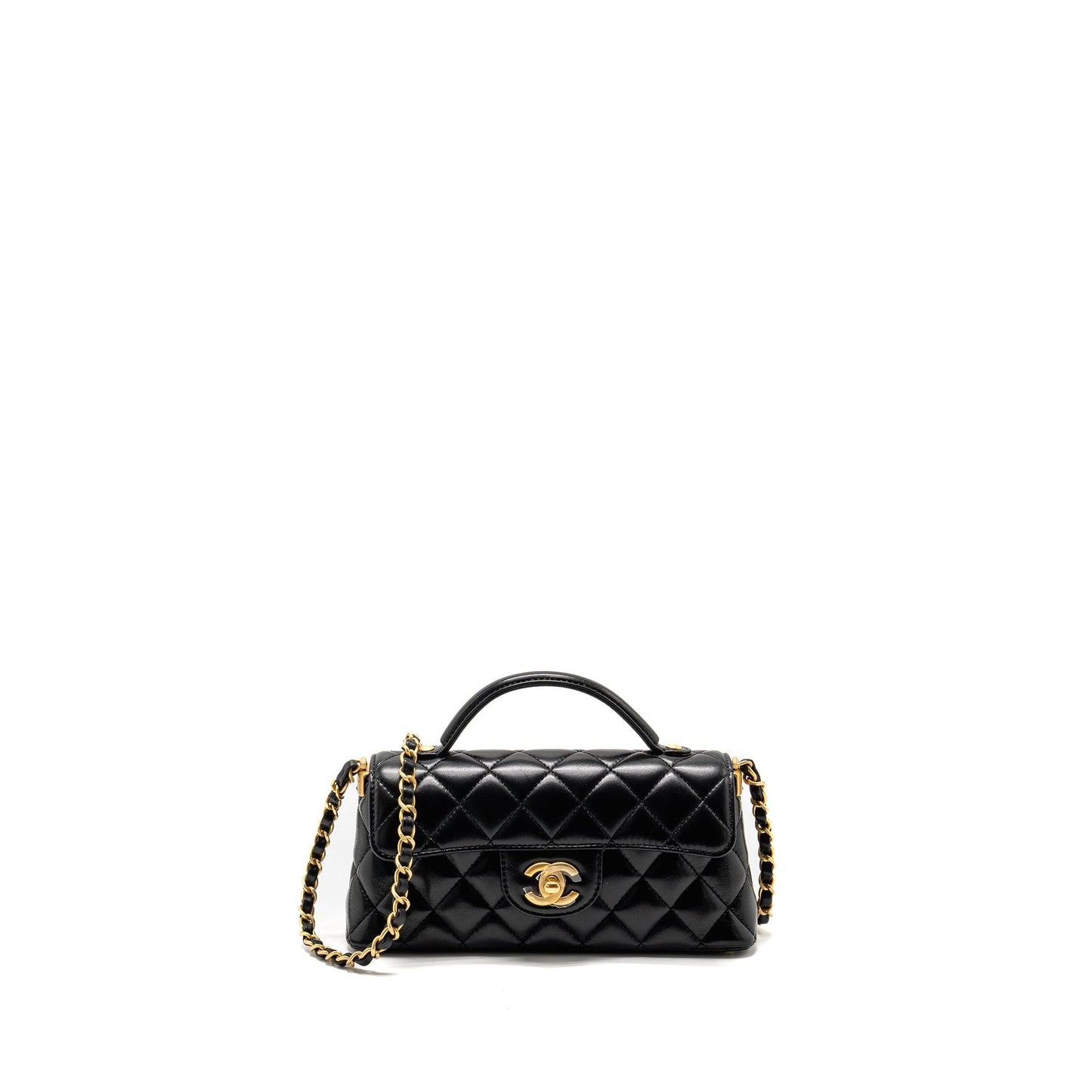 Chanel 25p Top Handle Flap Bag Shiny Lambskin Black (microchip)