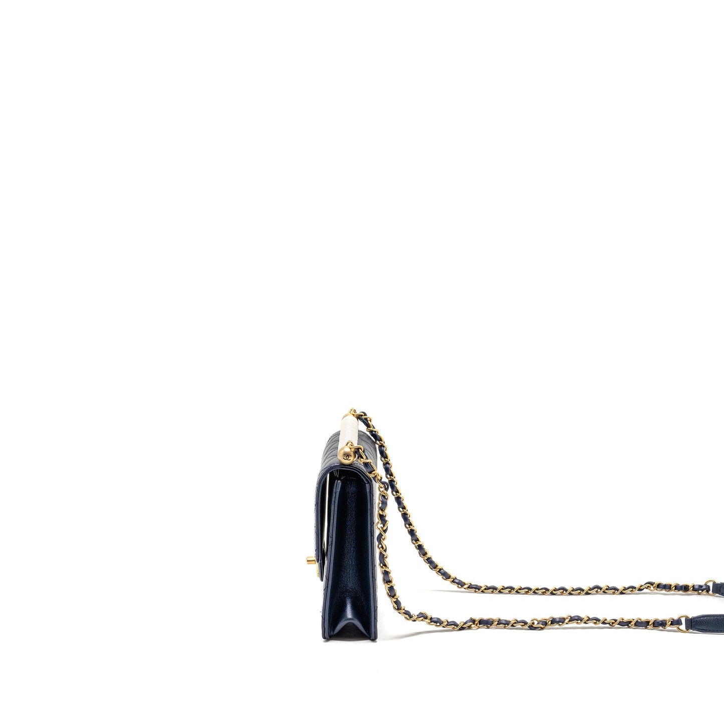 Chanel pearl decorated quilted flap bag lambskin navy
