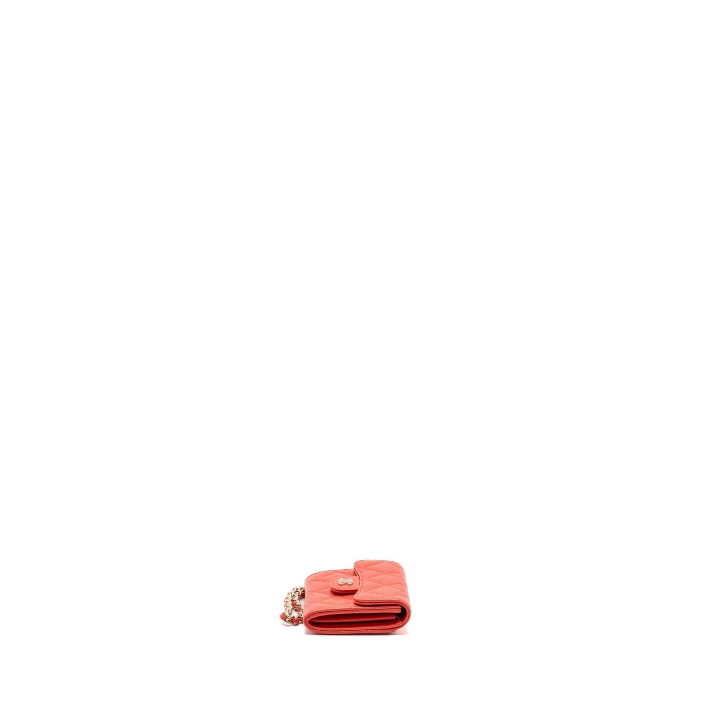 Chanel flap card holder with chain on one side caviar coral pink L