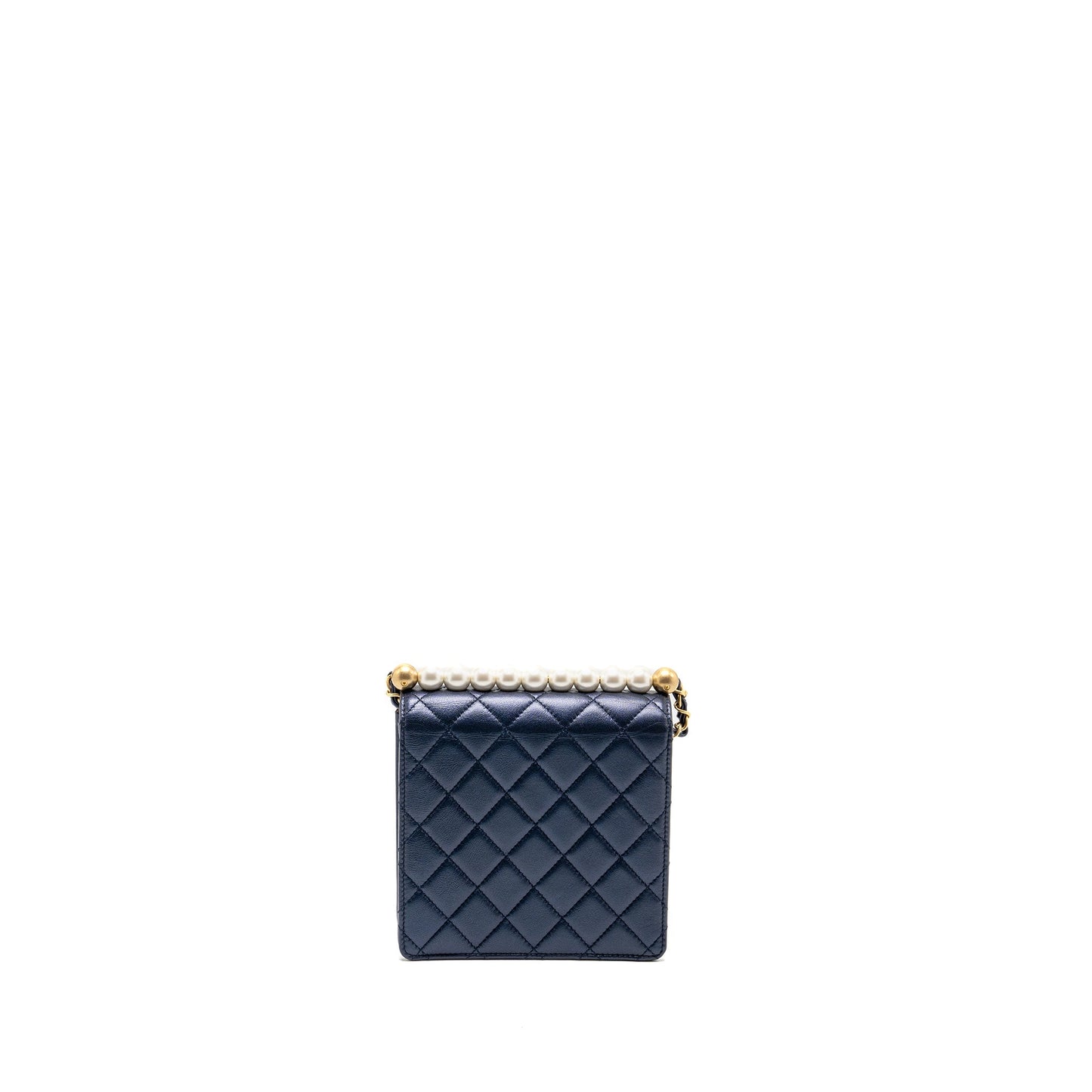 Chanel pearl decorated quilted flap bag lambskin navy