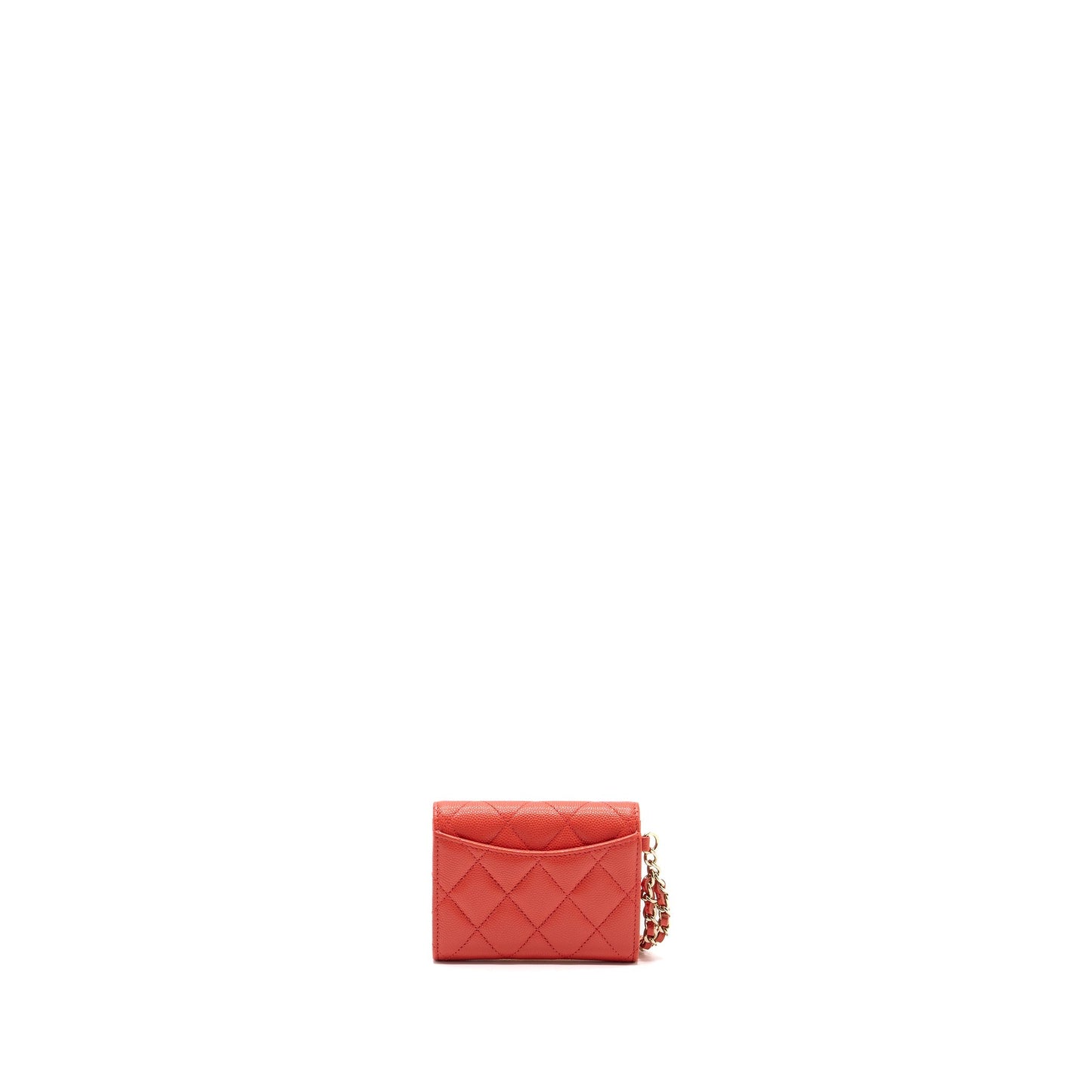 Chanel flap card holder with chain on one side caviar coral pink L
