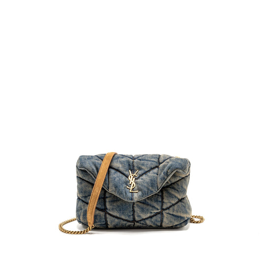 Saint Laurent/ Toy Loulou Puffer Mini Purse Denim Indigo Blue/Cinnamon