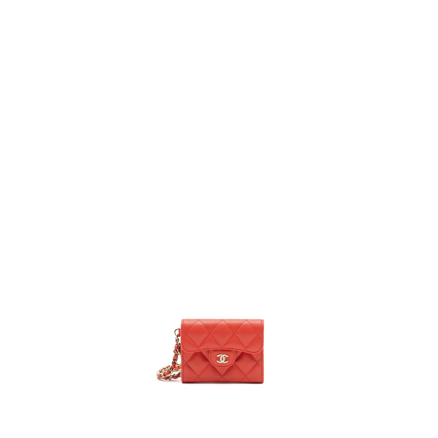 Chanel flap card holder with chain on one side caviar coral pink L