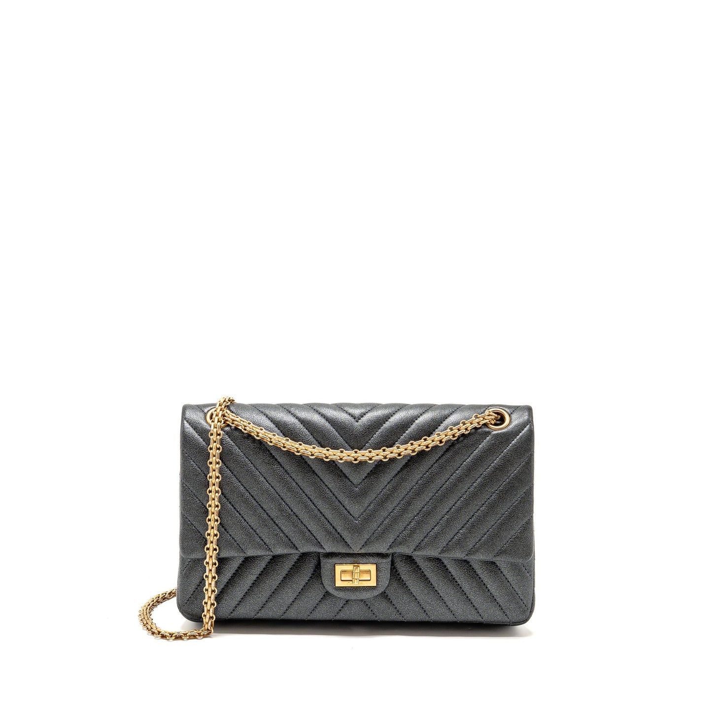 Chanel Large 2.55 226 Reissue Double Flap Bag Chevron Metallic Calfskin Charcoal