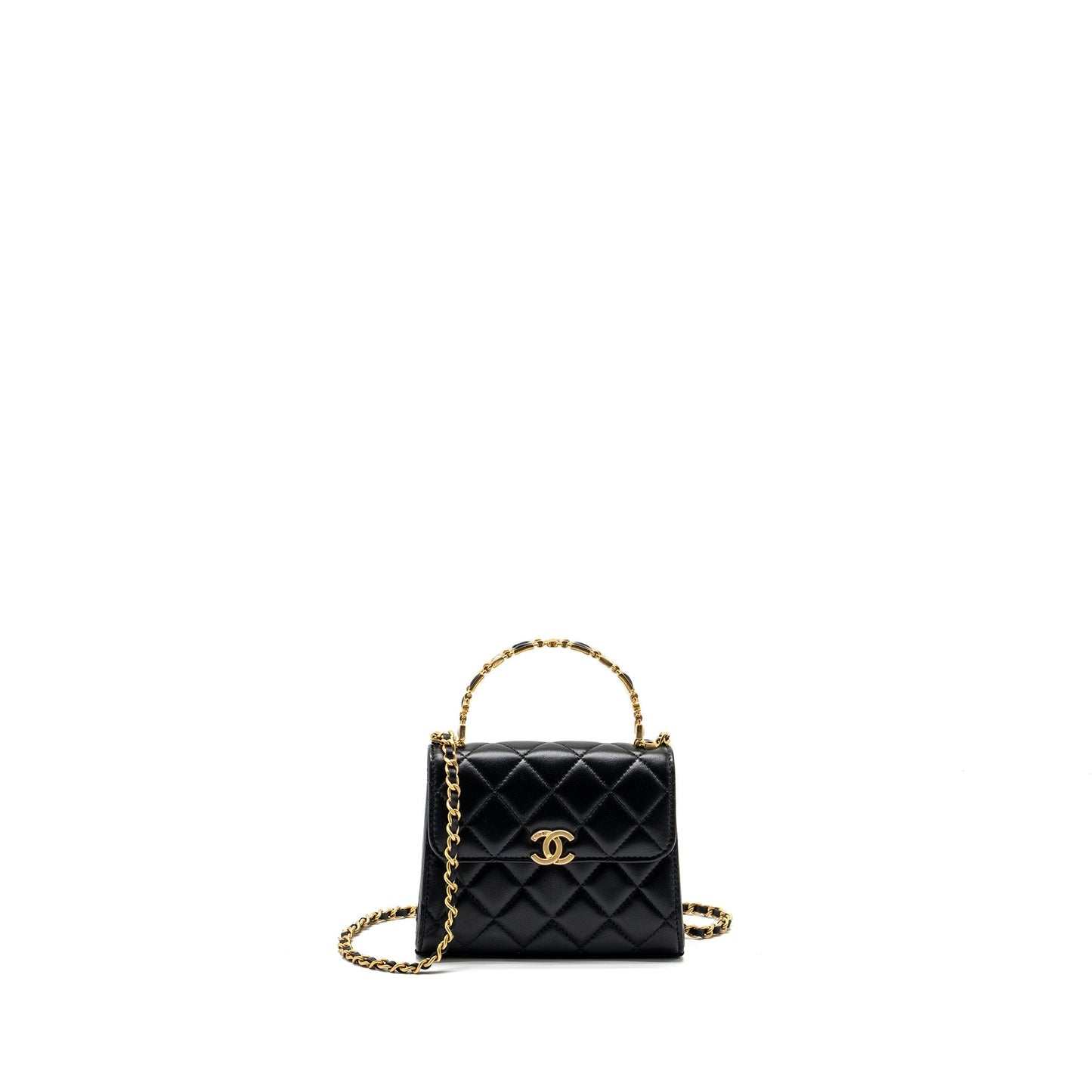 Chanel 22B Enamel Top handle Mini Flap Bag Lambskin Black  (Microchip)