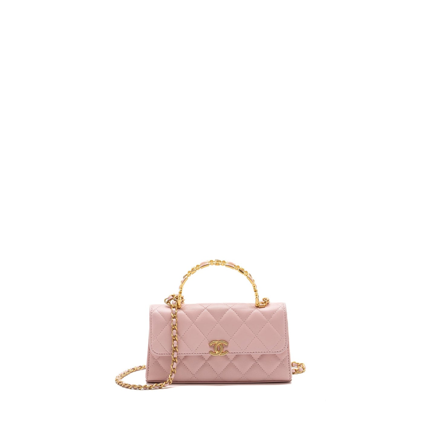 Chanel 22B Flap Bag With Enamel Top Handle Lambskin Light Pink  (Microchip)