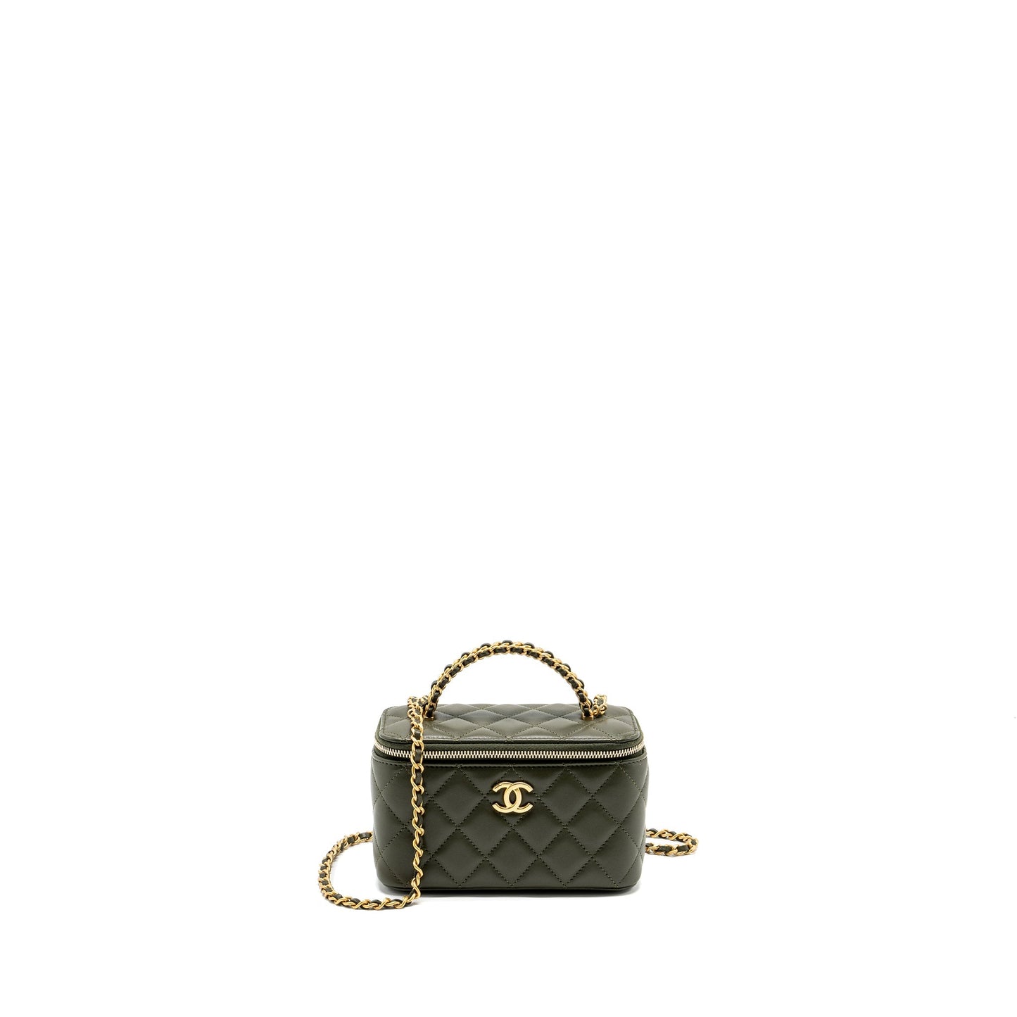 Chanel Detail Top Handle Long Vanity With Chain Lambskin Dark Green  (Microchip)