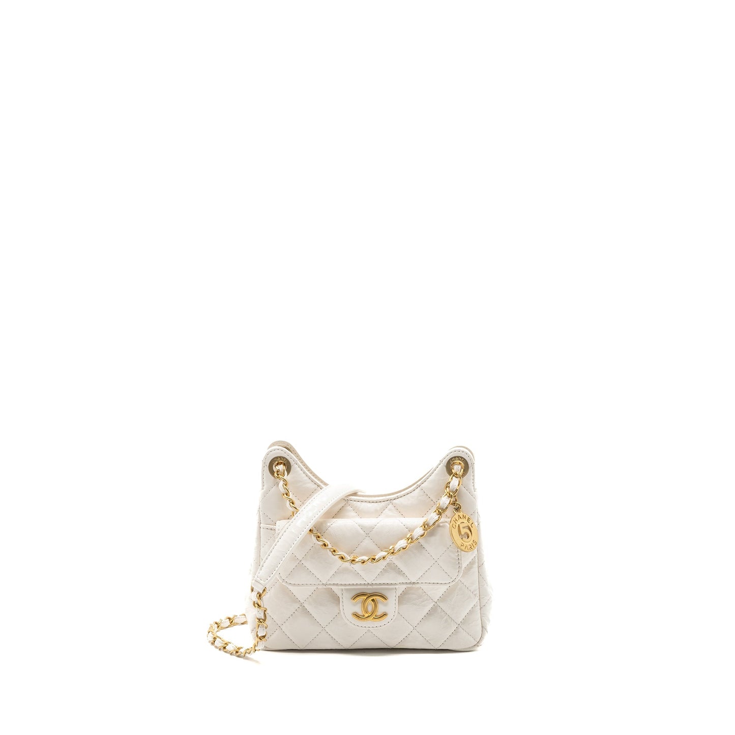Chanel 23b Small Hobo Bag Shiny Calfskin White Brushed (Microchip)