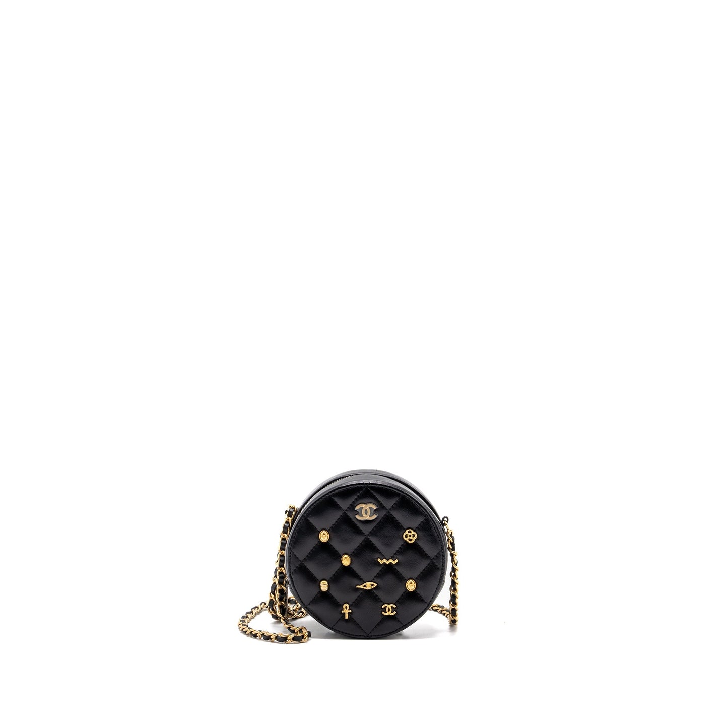 Chanel Limited Edition Charm Round Clutch With Chain Lambskin Black