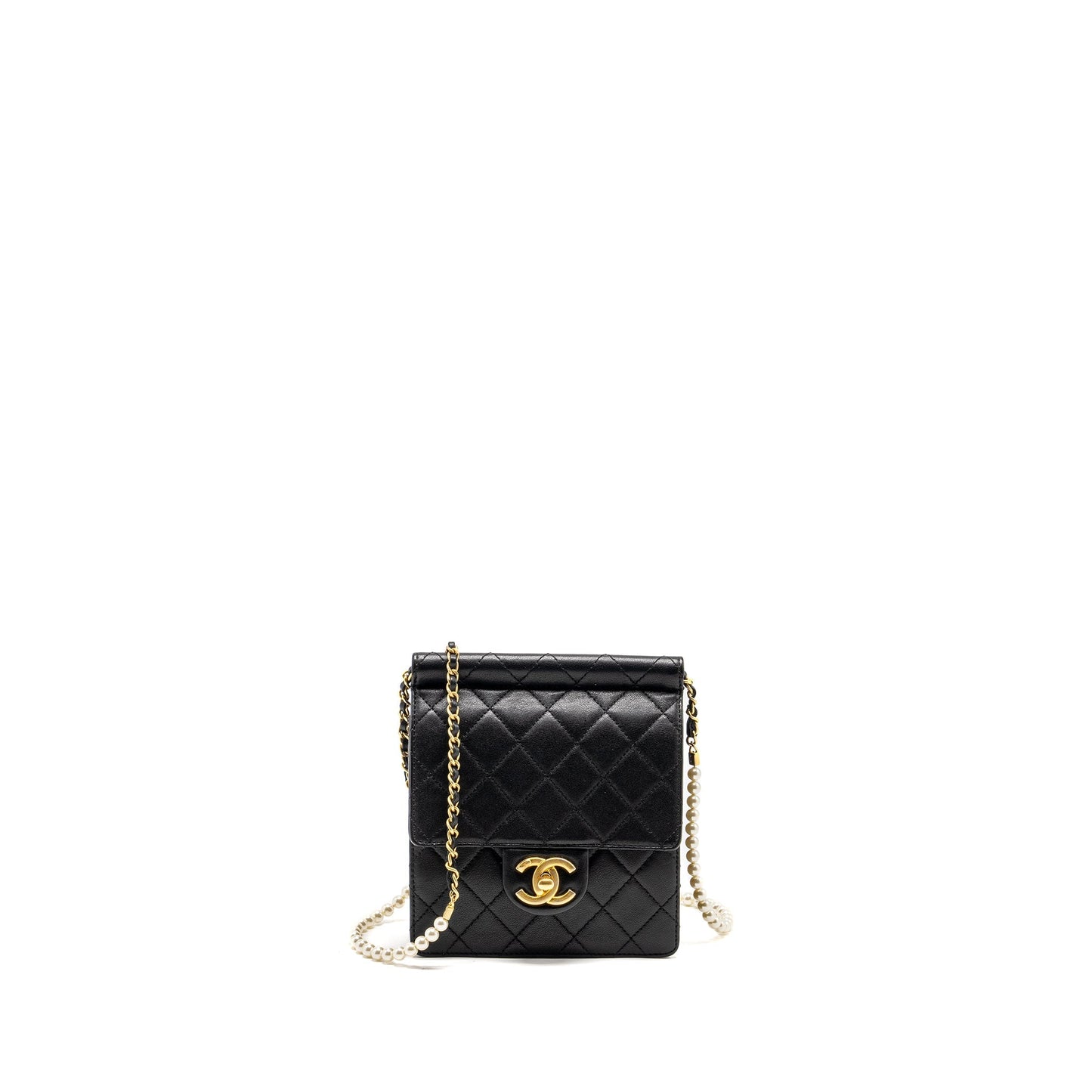Chanel 19S Pearl Chain Quilted Vertical Flap Bag Lambskin Black
