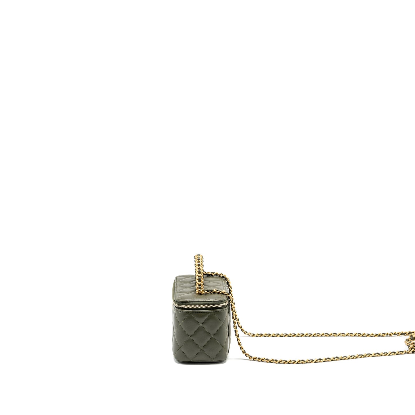 Chanel Detail Top Handle Long Vanity With Chain Lambskin Dark Green  (Microchip)