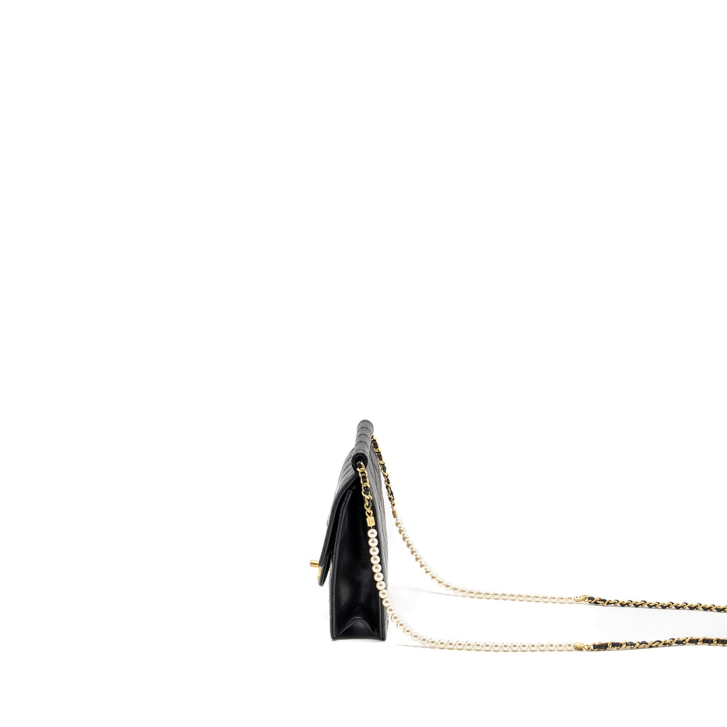 Chanel 19S Pearl Chain Quilted Vertical Flap Bag Lambskin Black