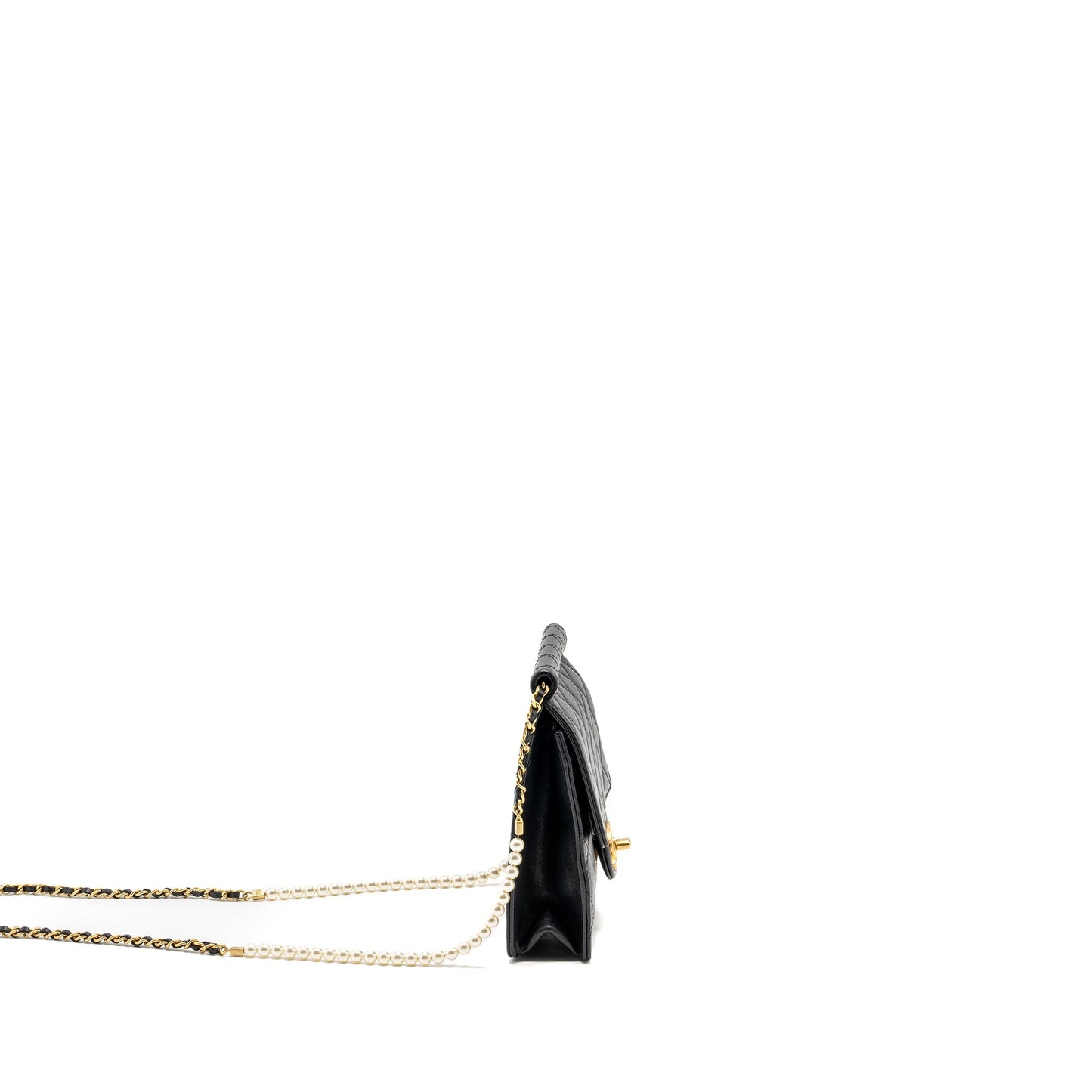 Chanel 19S Pearl Chain Quilted Vertical Flap Bag Lambskin Black