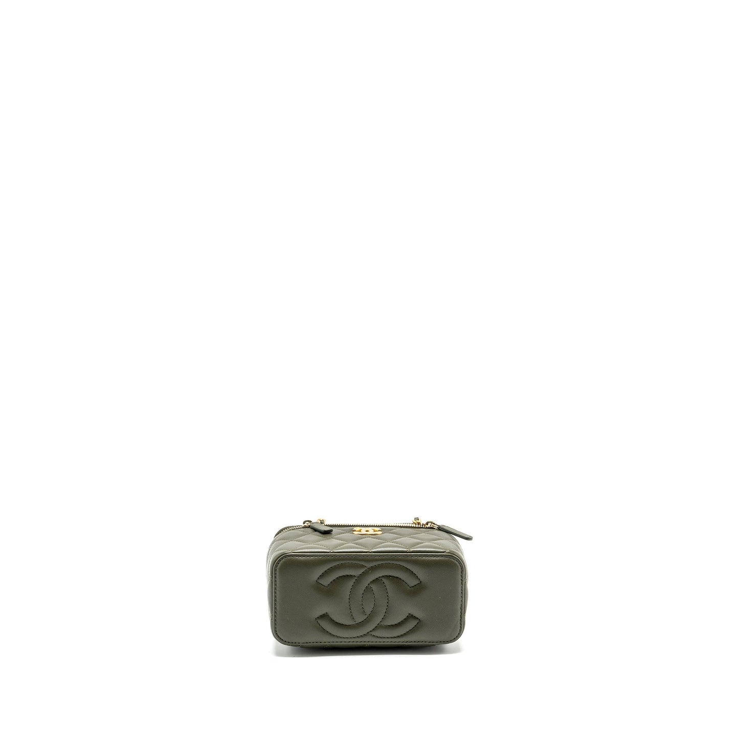 Chanel Detail Top Handle Long Vanity With Chain Lambskin Dark Green  (Microchip)
