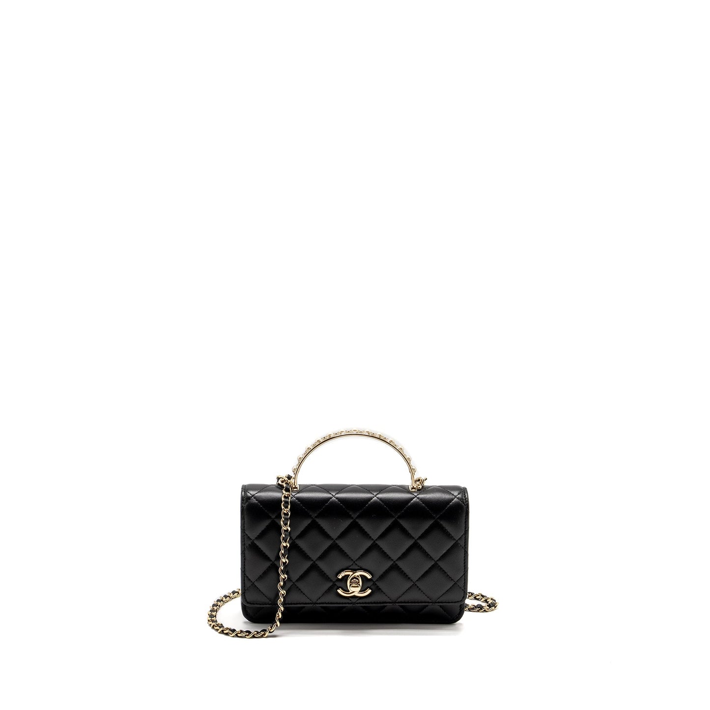 Chanel Pearl Detailed Top Handel Wallet On Chain Lambskin Black L (Microchip)
