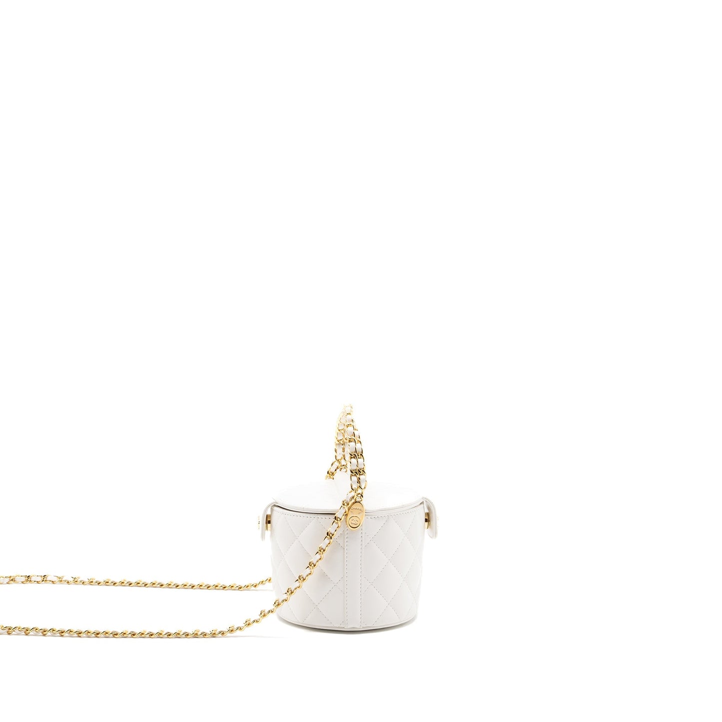 Chanel top handle round vanity with chain lambskin white  (microchip)