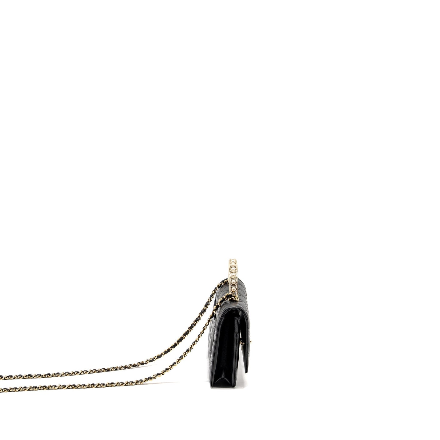 Chanel Pearl Detailed Top Handel Wallet On Chain Lambskin Black L (Microchip)