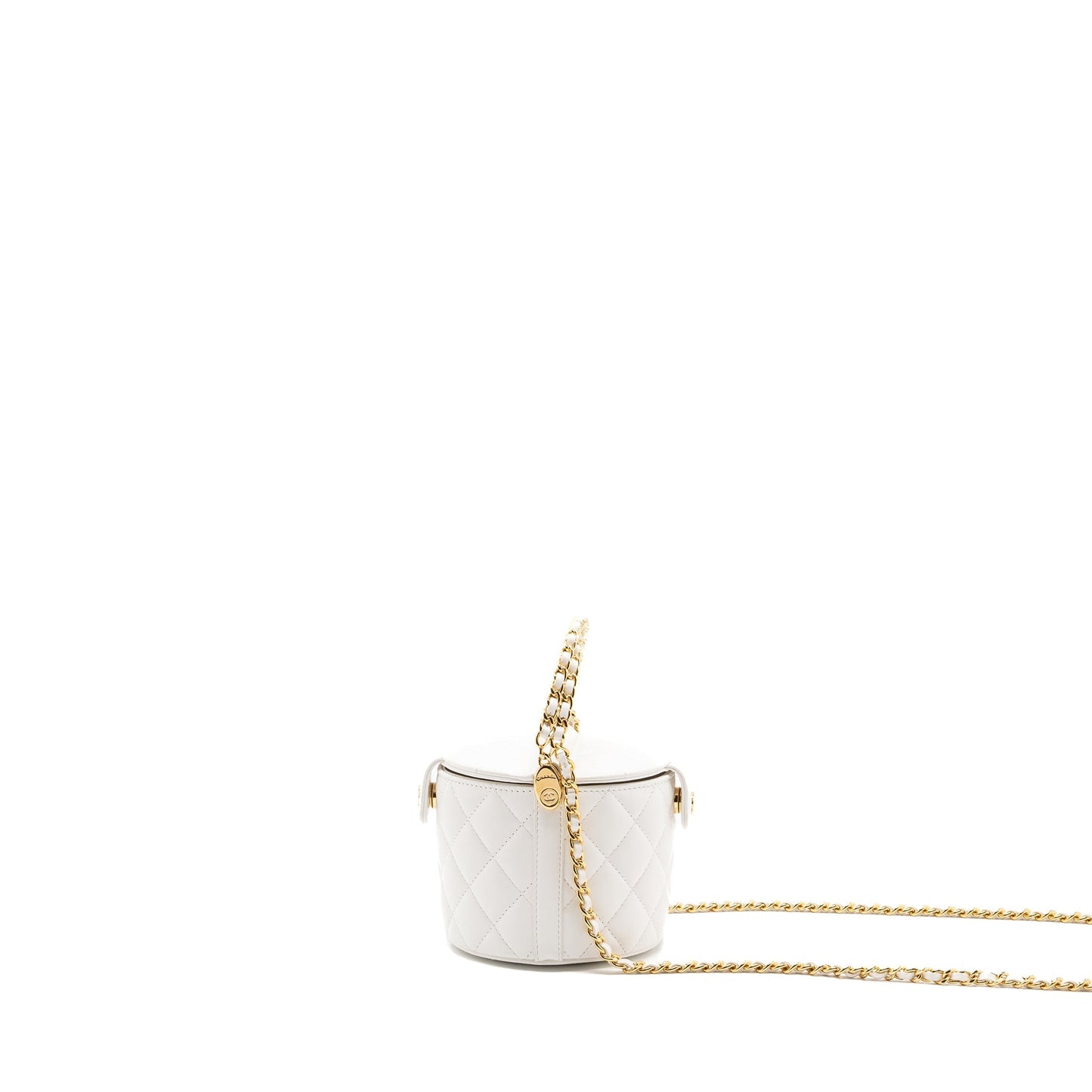 Chanel top handle round vanity with chain lambskin white  (microchip)