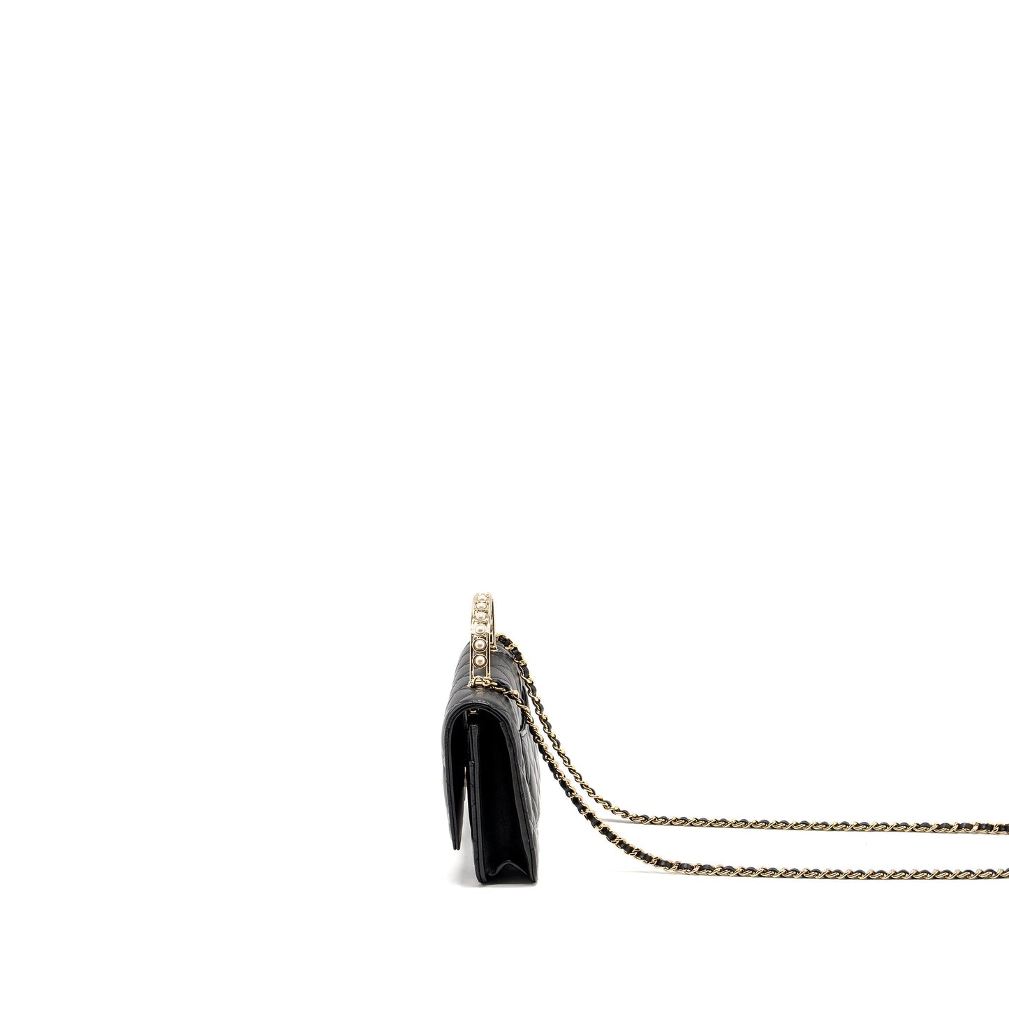 Chanel Pearl Detailed Top Handel Wallet On Chain Lambskin Black L (Microchip)