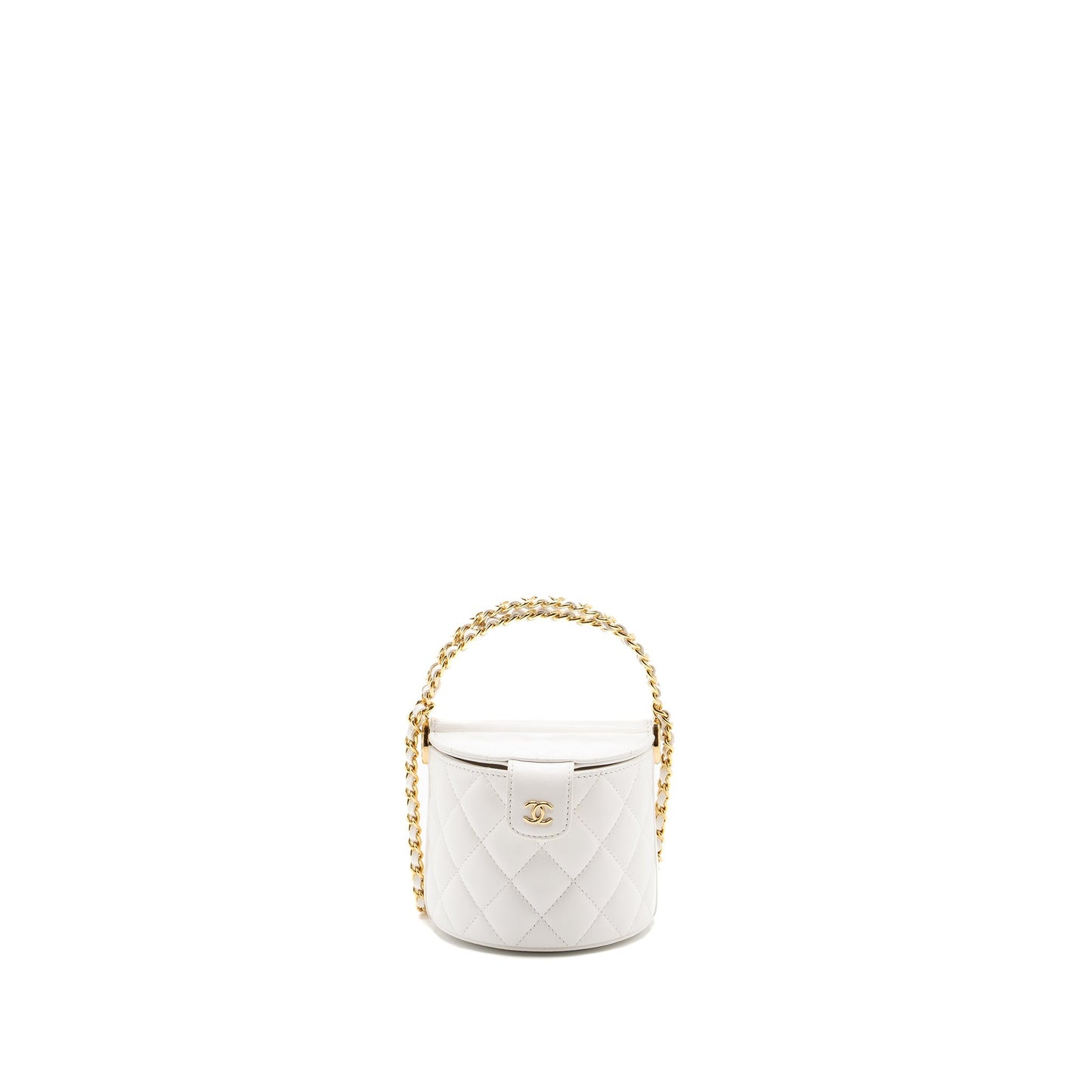 Chanel top handle round vanity with chain lambskin white  (microchip)