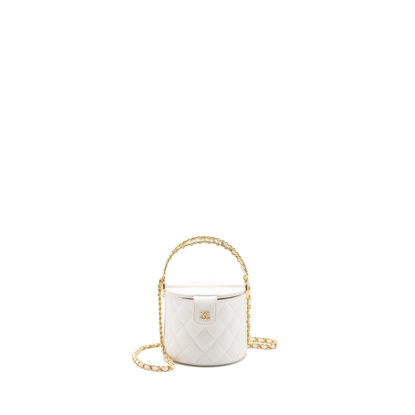 Chanel top handle round vanity with chain lambskin white  (microchip)