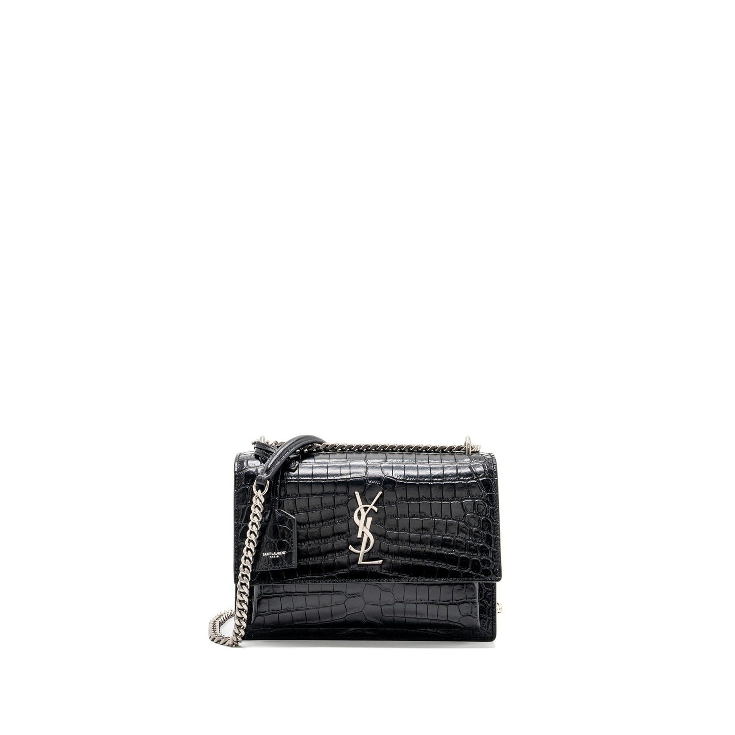 Saint Laurent/ Sunset Purse Crocodile-Embossed Black