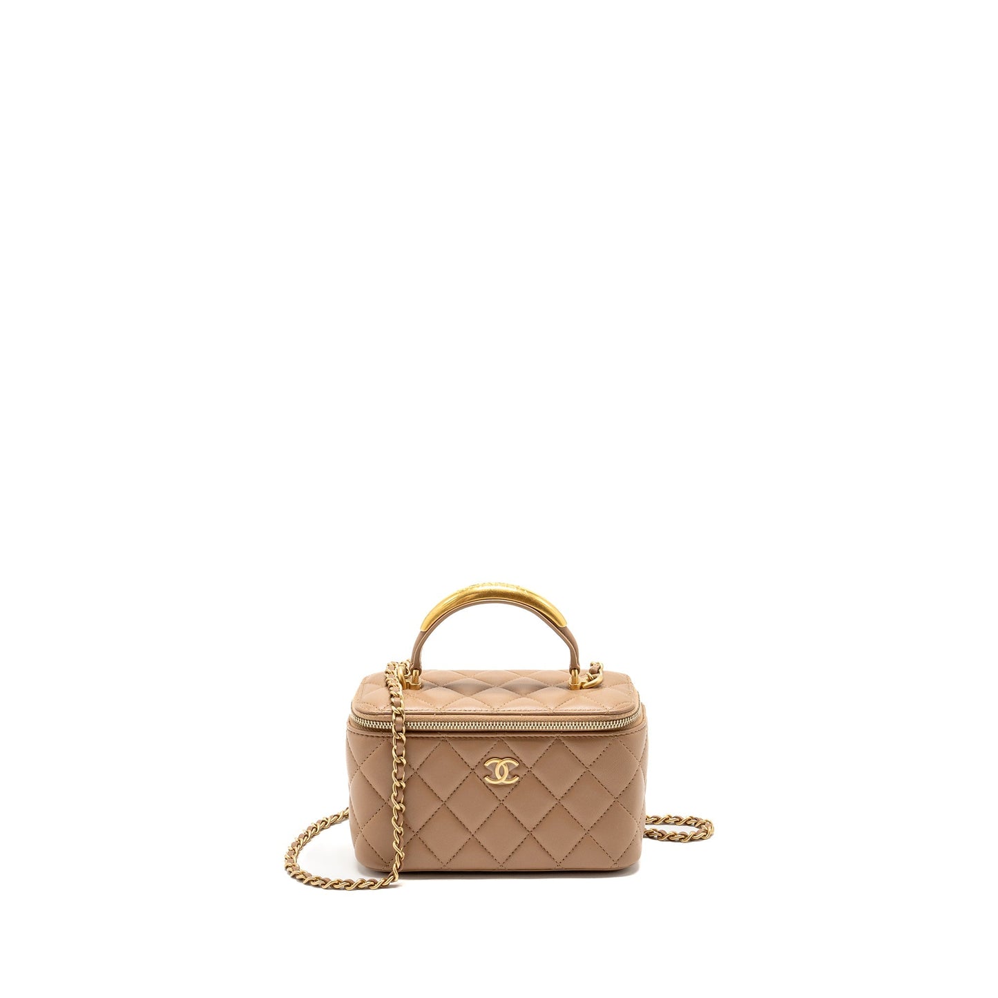 Chanel Top Handle Long Vanity with Chain Lambskin Dark Beige  (Microchip)