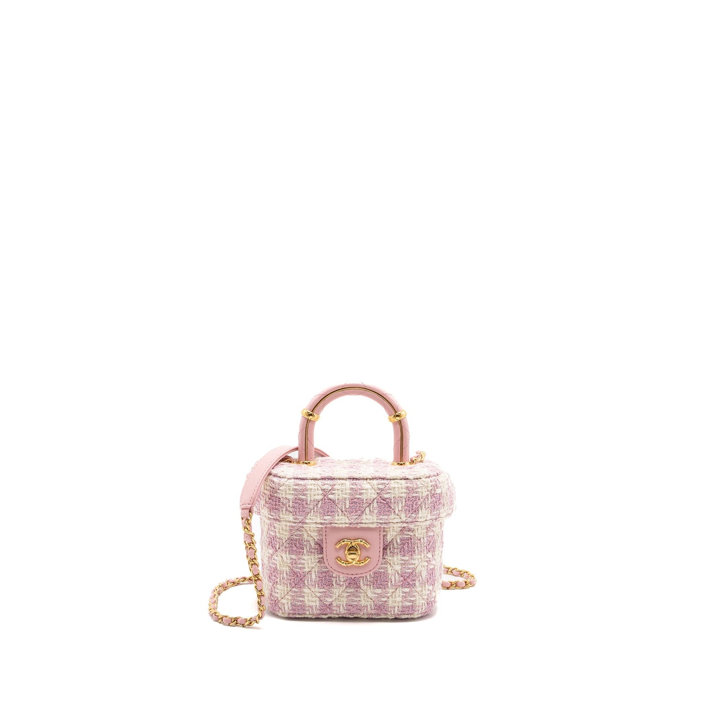 Chanel 23s Top Handle Small Vanity Case With Chain Tweed/lambskin Pink Brushed (Microchip)