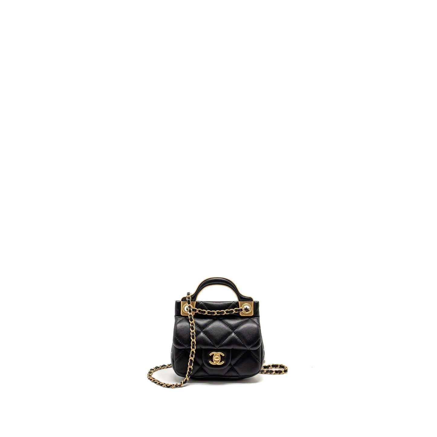 Chanel 21A top handle mini flap card holder with chain lambskin black