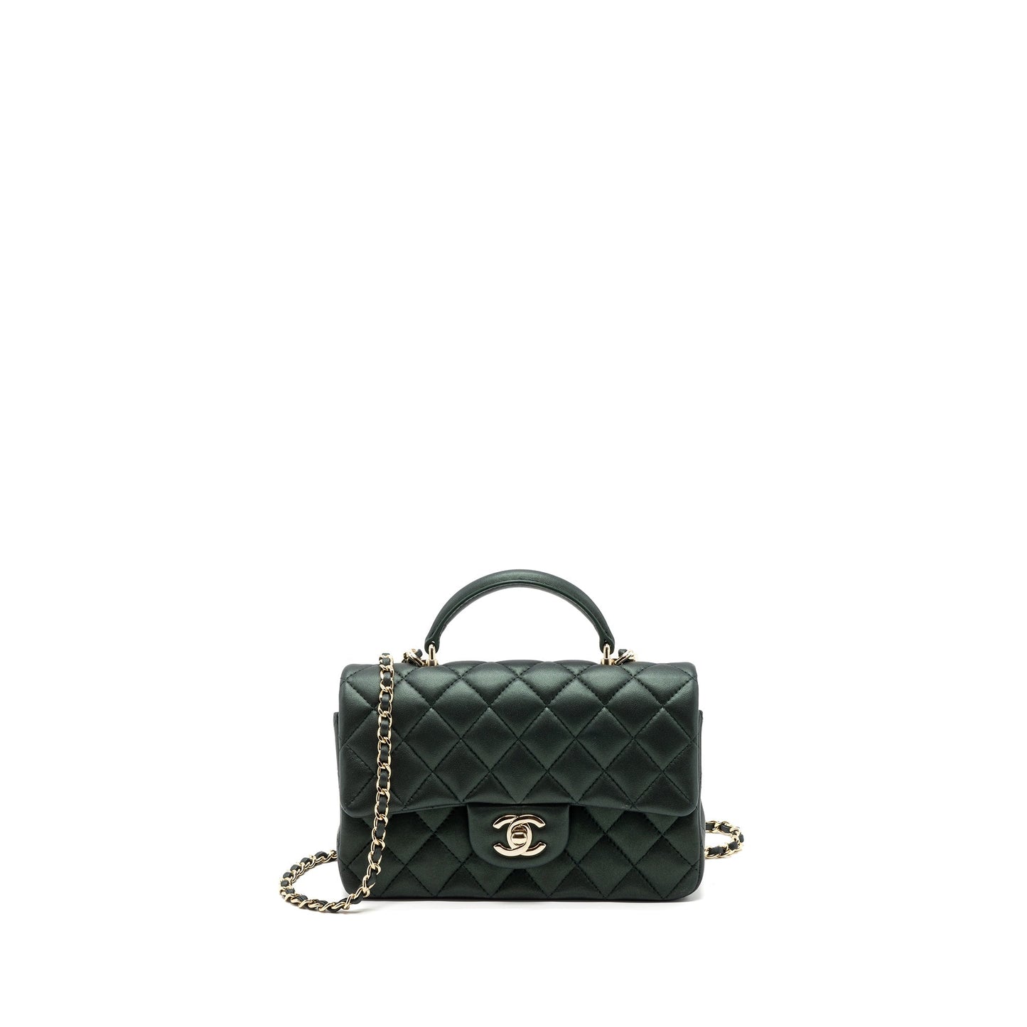 Chanel Top Handle Mini Rectangular Flap Bag Lambskin Dark Green L (microchip)